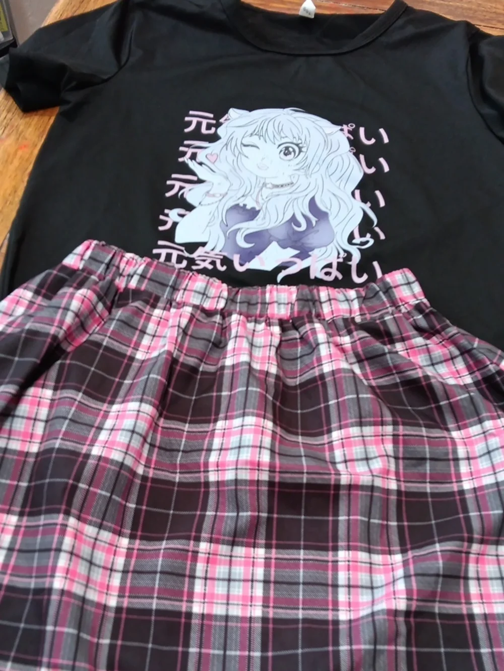 Girls Anime Plaid Skirt And Black Grafic Top